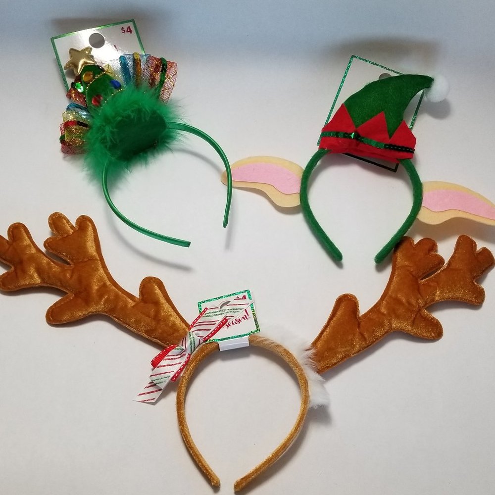 Set of 3 'Tis the Season Christmas Girls Headbands Tree Elf Reindeer NWT NEW